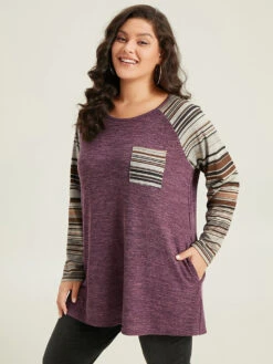 Striped Patchwork Pocket Raglan Sleeve T-shirt -Bloomchic Shop 897722569 ut