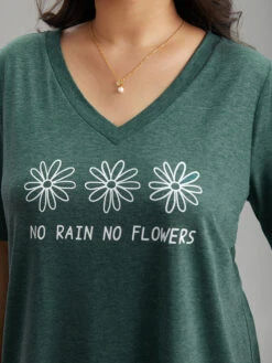 Natural & Letter Graphic V Neck T-shirt -Bloomchic Shop 89799894 ty