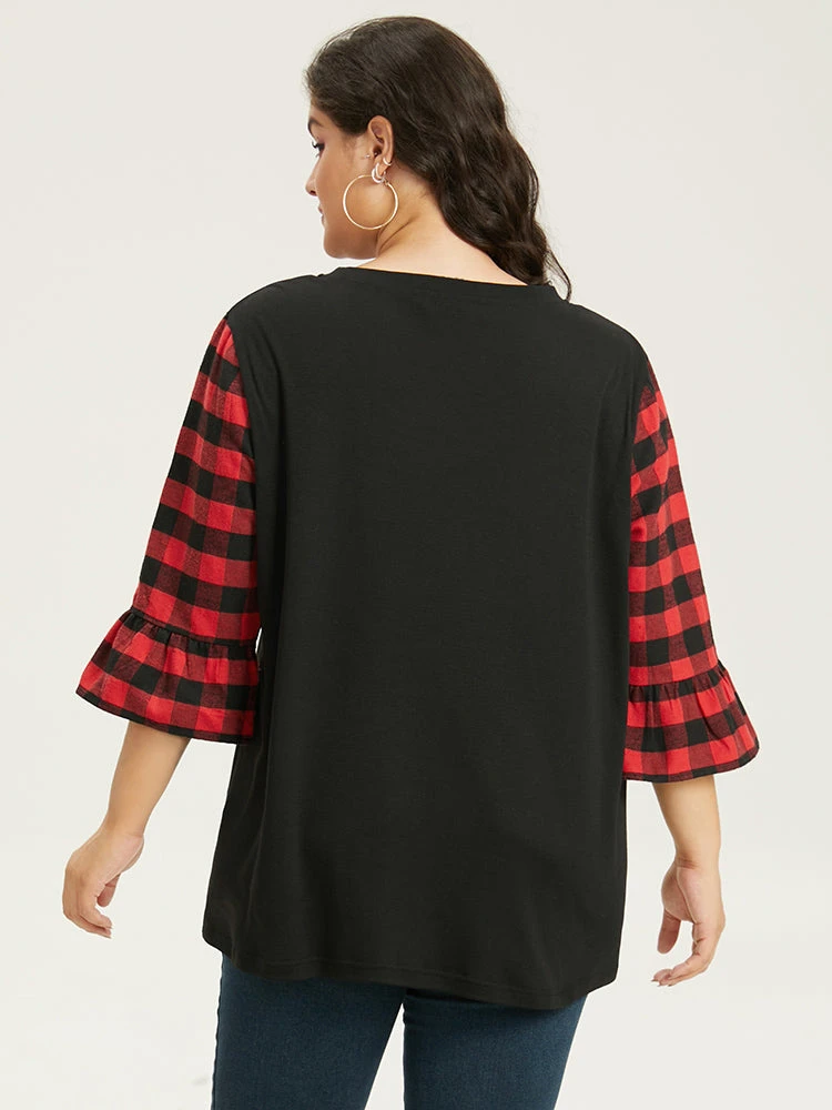 Plaid Patched Pocket Patchwork Contrast Bell Sleeve T-shirt 4 Plaid Patched Pocket Patchwork Contrast Bell Sleeve T-shirt - Image 2