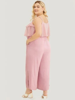Solid Ruffle Trim Pocket Split Hem Keyhole Cami Jumpsuit -Bloomchic Shop 900284204 pb
