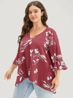 Floral Asymmetrical Hem Ruffle Trim Flounce Sleeve Blouse -Bloomchic Shop 901111103 zf 678bcf41 bfe5 4f24 9ef4 5c34838d4ff8