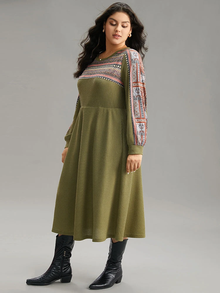 Boho Print Striped Patchwork Waffle Knit Dress 8 Boho Print Striped Patchwork Waffle Knit Dress - Image 6