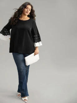 Anti-Wrinkle Laser Cut Contrast Ruffles Blouse -Bloomchic Shop 903231652 uf