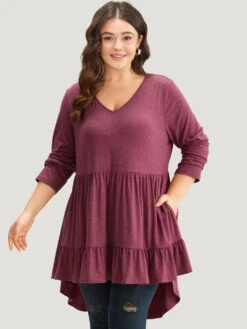 Solid Ruffle Layered Gathered High Low Hem T-shirt