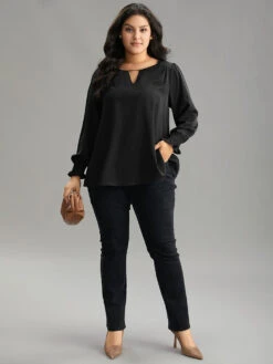 Static-Free Plain Metal Detail Keyhole Shirred Blouse -Bloomchic Shop 905367829 dm efd56479 989f 405d 9be2 71445b37133f