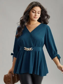 Plain Bowknot Ties Buckle Detail Wrap Blouse