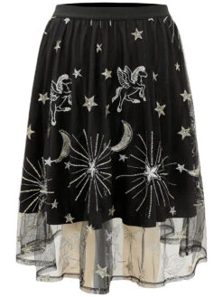 Moon & Star Mesh Embroidered Pocket Skirt -Bloomchic Shop 906116172 he