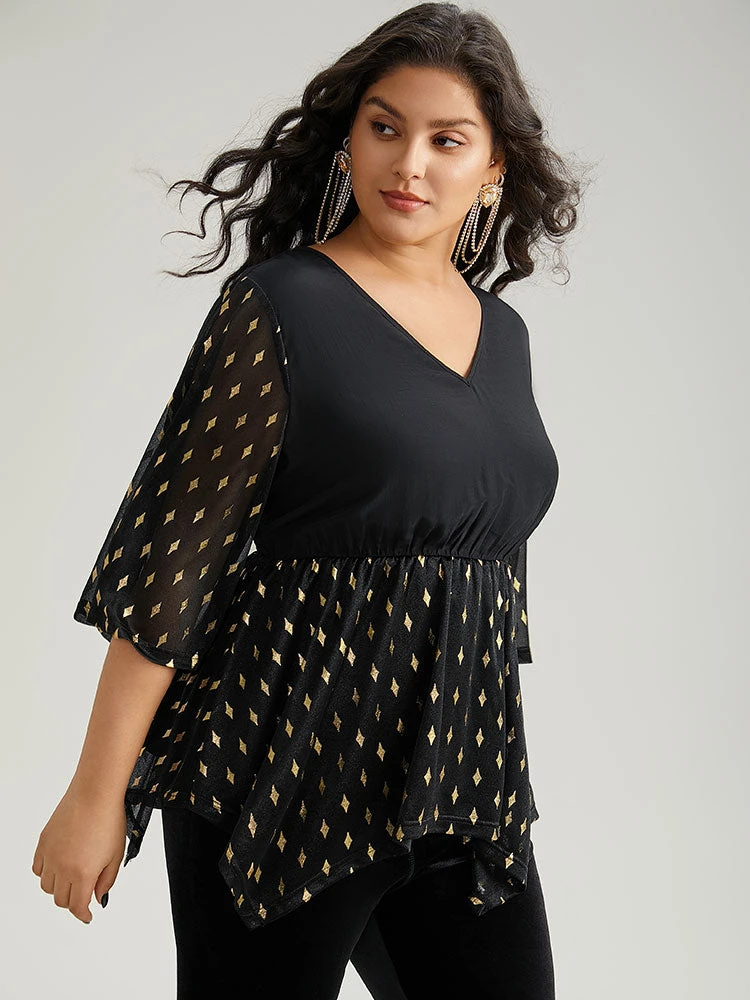 Glitter Patchwork Mesh Hanky Hem Blouse 6 Glitter Patchwork Mesh Hanky Hem Blouse - Image 4