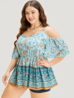 Floral Print Tie Neck Keyhole Ruffles Cold Shoulder Blouse -Bloomchic Shop 907130715 df