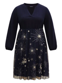 Star Glitter Mesh Patchwork Notched Dress -Bloomchic Shop 90908720 zf