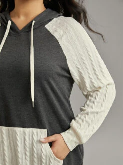 Contrast Cable Knit Pocket Hooded Drawstring Sweatshirt -Bloomchic Shop 909167968 hv