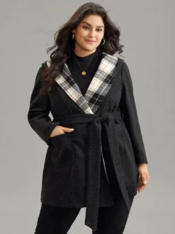 Plaid Hooded Belted Bowknot Tunic Coat