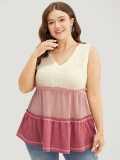 Colorblock Contrast Frill Trim Ruffle Tiered Waffle Knit Tank Top -Bloomchic Shop 911059353 fg