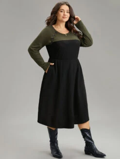 Contrast Button Detail Waffle Knit Pocket Dress -Bloomchic Shop 911113184 bp