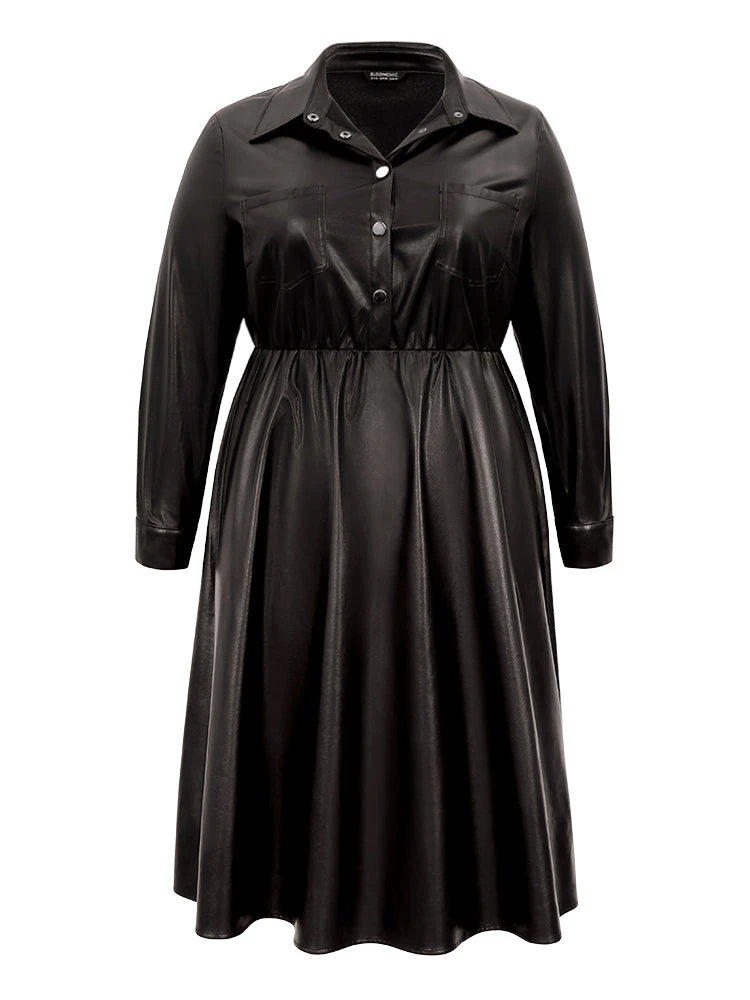 PU Leather Elastic Waist Button Up Dress 7 PU Leather Elastic Waist Button Up Dress - Image 5