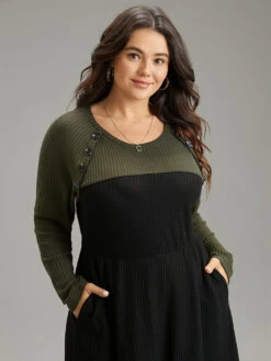 Contrast Button Detail Waffle Knit Pocket Dress -Bloomchic Shop 912607963 mv