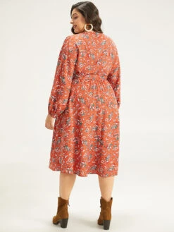 Floral Print Belted Elastic Cuffs Dress -Bloomchic Shop 912787319 es