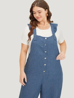 Plain Pocket Button Through Ruffle Trim Overall Jumpsuit -Bloomchic Shop 91351115 am