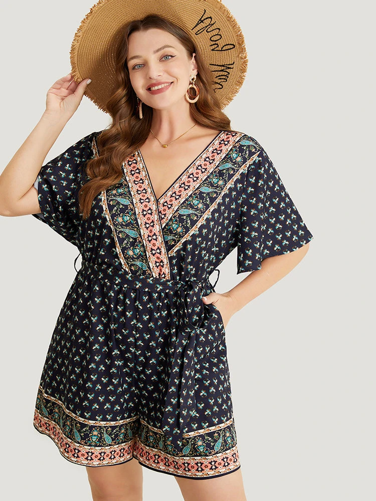 Bandana Print Wrap Ruffle Sleeve Pocket Belted Romper 3 Bandana Print Wrap Ruffle Sleeve Pocket Belted Romper