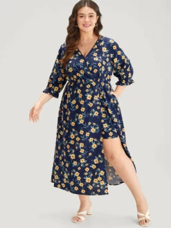 Floral Print Pocket V Neck Wrap Split Hem Jumpsuit -Bloomchic Shop 91600633 gg