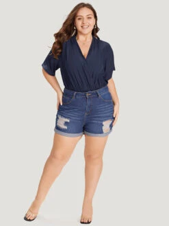 Solid Overlap Collar Pleated Bodysuit -Bloomchic Shop 919199214 ex