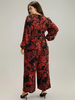 Silhouette Floral Print Notched Shirred Jumpsuit -Bloomchic Shop 920410256 dk
