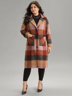 Contrast Plaid Patched Pocket Maxi Coat