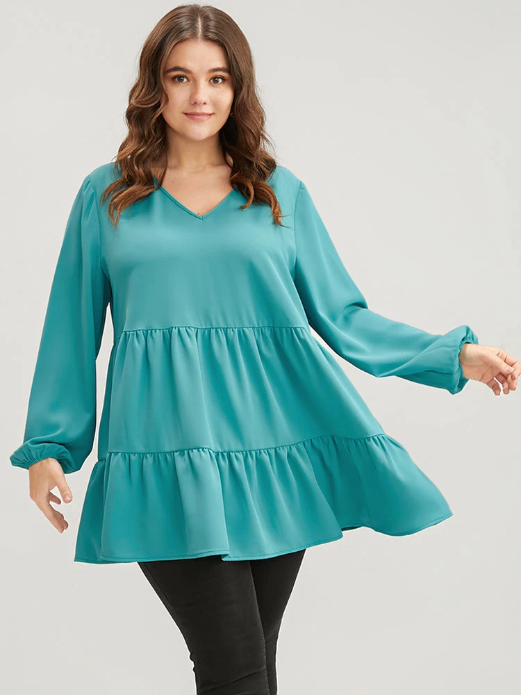 Solid V Neck Lantern Sleeve Ruffle Hem Blouse Without Belt 6 Solid V Neck Lantern Sleeve Ruffle Hem Blouse Without Belt - Image 4