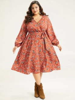 Floral Print Belted Elastic Cuffs Dress -Bloomchic Shop 921373648 kr