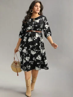 Silhouette Floral Print Texture Keyhole Lantern Sleeve Dress -Bloomchic Shop 921442459 yk