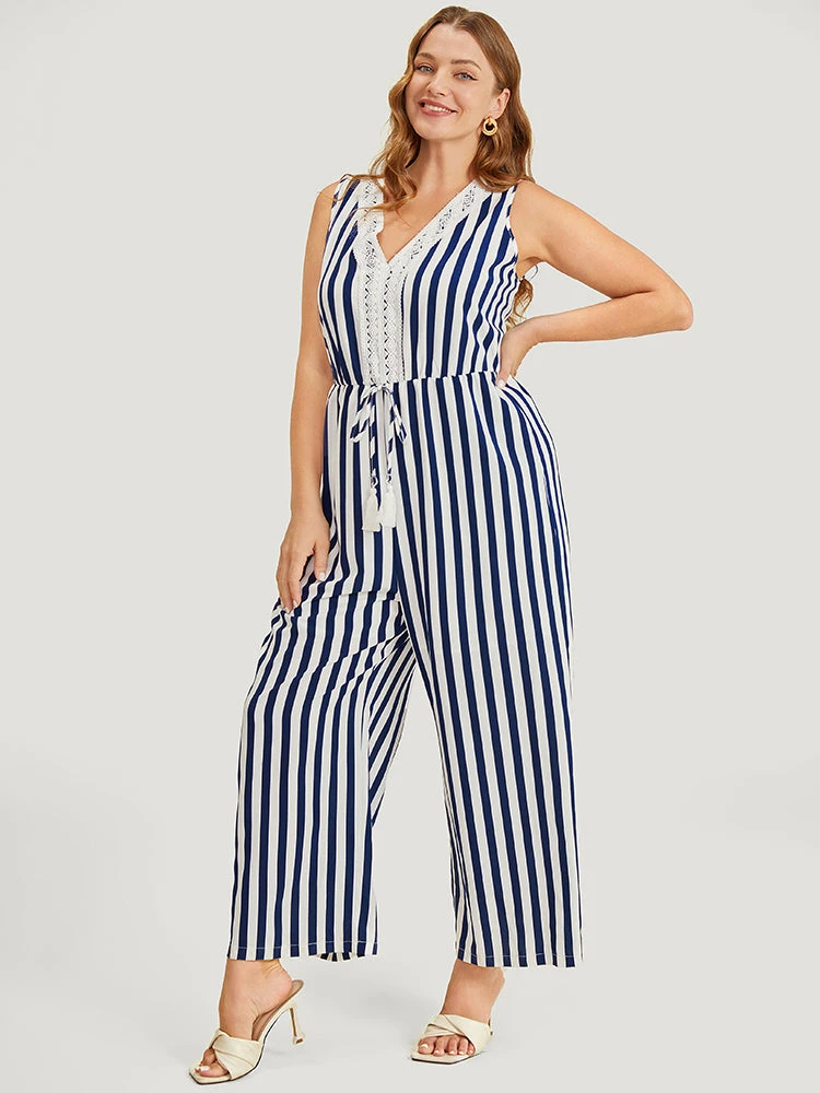 Striped Print Contrast Lace Pocket Knot Tassels Tank Jumpsuit 4 Striped Print Contrast Lace Pocket Knot Tassels Tank Jumpsuit - Image 2