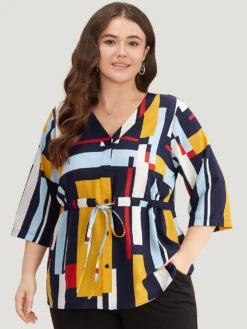 Geometric Contrast Drawstring Button Up Blouse -Bloomchic Shop 921835128 zd