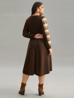 Plaid Waffle Knit Elastic Waist Curved Hem Dress -Bloomchic Shop 923266233 hk