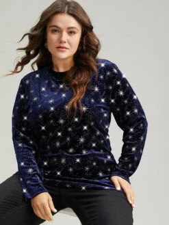 Star Glitter Mock Neck T-shirt -Bloomchic Shop 92375428 dj