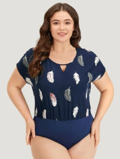 Feather Print Keyhole Batwing Sleeve Bodysuit -Bloomchic Shop 923912768 vv