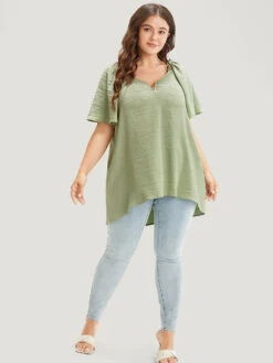 Plain Notched High Low Hem Ruffle Sleeve Frill Trim Blouse -Bloomchic Shop 924255861 fc