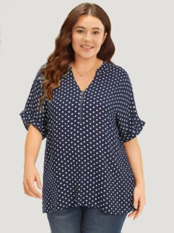 Polka Dot Zipper Notched Dolman Sleeve Blouse -Bloomchic Shop 92841354 sa