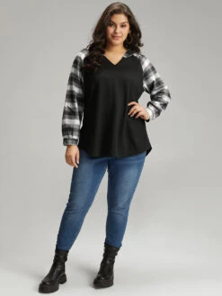 Plaid Print Hooded Patchwork Sweatshirt -Bloomchic Shop 928612147 pp