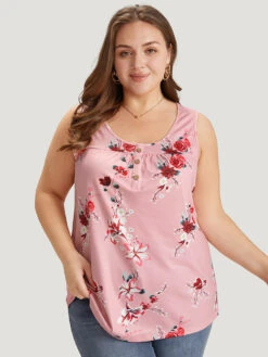 Floral Button Detail Round Neck Tank Top