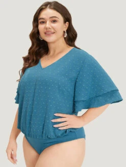 Polka Dot V Neck Ruffle Layered Sleeve Bodysuit -Bloomchic Shop 931001000 lz