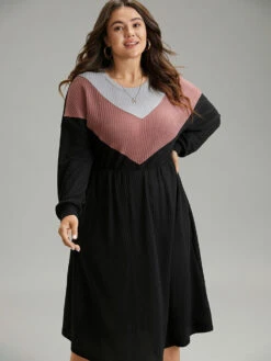 Colorblock Waffle Knit Pocket Drop Shoulder Dress -Bloomchic Shop 93138593 ft