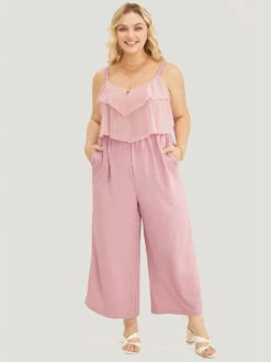 Solid Ruffle Trim Pocket Split Hem Keyhole Cami Jumpsuit -Bloomchic Shop 931387928 cd