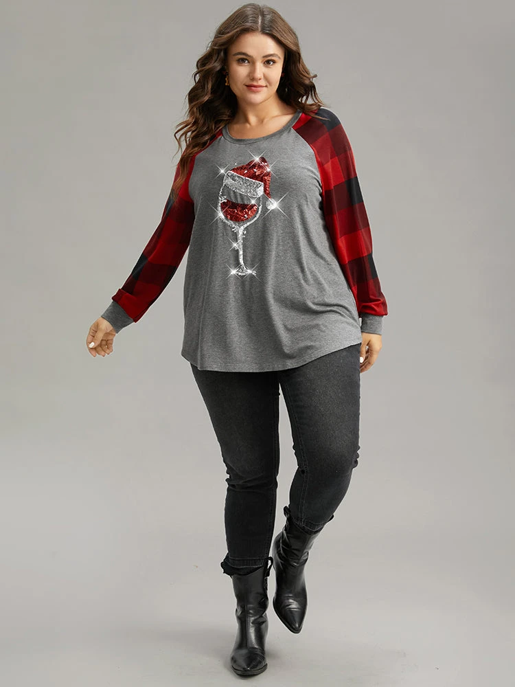 Christmas Sequin Plaid Patchwork T-shirt 6 Christmas Sequin Plaid Patchwork T-shirt - Image 4