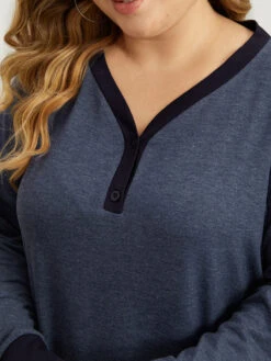 V Neck Button Up Contrast Elastic Cuffs Pocket T-shirt -Bloomchic Shop 932439850 yx