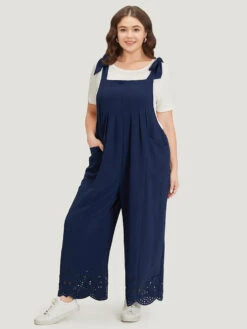 Solid Pleated Patched Pocket Laser Cut Overall Jumpsuit -Bloomchic Shop 93415687 qv