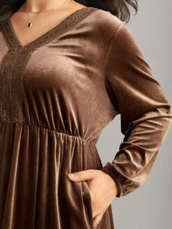 Plain Velvet Elastic Waist Patchwork Lace Dress -Bloomchic Shop 935096253 zr