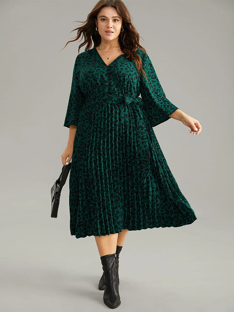 Leopard Wrap Elastic Waist Pleated Belted Dress 3 Leopard Wrap Elastic Waist Pleated Belted Dress