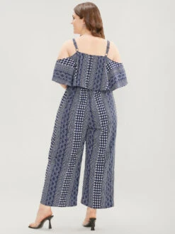 Striped Geometric Pocket Ruffles Cold Shoulder Jumpsuit -Bloomchic Shop 935388703 nh