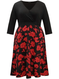 Silhouette Floral Print Patchwork Surplice Neck Dress -Bloomchic Shop 93591788 du