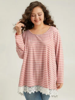 Striped Guipure Lace Crew Neck T-shirt 14 Striped Guipure Lace Crew Neck T-shirt -Bloomchic Shop 93602053 bm